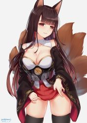 Rule 34 | 1girl, akagi (azur lane), animal ears, azur lane, bare shoulders, black thighhighs, blush, breasts, brown hair, cleavage, cowboy shot, dated, fox ears, fox tail, grey background, hair ornament, highres, japanese clothes, large breasts, lifted by self, long hair, looking at viewer, multiple tails, red eyes, red skirt, satomi (745684552), sidelocks, signature, simple background, skindentation, skirt, smile, solo, tail, thighhighs, thighs, wide sleeves