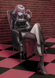 Rule 34 | 1girl, absurdres, breasts, chair, crossed legs, cup, drinking glass, high heels, highres, holding, holding cup, hololive, hololive english, huge filesize, large breasts, looking at viewer, mori calliope, pelvic curtain, pink eyes, pink hair, shinigami, single thighhigh, skirt, suru (seiya), thighhighs, veil, virtual youtuber, wine glass