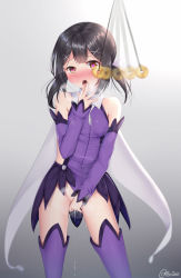 Rule 34 | 1girl, afterimage, bare shoulders, black hair, blush, breasts, brown eyes, clothing aside, coin, covered erect nipples, detached sleeves, fate/kaleid liner prisma illya, fate (series), female focus, female masturbation, fingering, gradient background, grey background, groin, hair ornament, heart, heart-shaped pupils, hypnosis, leotard, leotard aside, long hair, long sleeves, looking at viewer, masturbation, mind control, miyu edelfelt, nose blush, open mouth, puririn, purple leotard, purple sleeves, purple thighhighs, pussy juice, pussy juice trail, saliva, sidelocks, simple background, small breasts, solo, standing, symbol-shaped pupils, thighhighs, twintails, white background, x hair ornament
