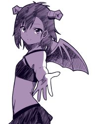 Rule 34 | 10s, 1girl, absurdres, criss-cross halter, crop top, demon girl, demon horns, demon wings, from side, gabriel dropout, hair ornament, hallelujah essaim, halterneck, hatching (texture), highres, horns, looking at viewer, midriff, monochrome, o-ring, o-ring top, outstretched hand, reaching, reaching towards viewer, shigure (sigre), short hair, skirt, smile, solo, vignette tsukinose april, wings, x hair ornament