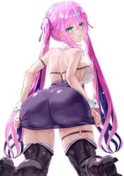 Rule 34 | 1girl, aqua eyes, aqua hair, ass, bare shoulders, blush, boots, breasts, from behind, high heel boots, high heels, highres, hoshina rulia, huge ass, indie virtual youtuber, kneeling, large breasts, long hair, looking at viewer, looking back, multicolored hair, pink hair, see-through, shiny clothes, shiny skin, short shorts, shorts, skirt, skirt tug, smile, solo, thigh boots, thigh strap, thighhighs, twintails, two-tone hair, uenoryoma, very long hair, virtual youtuber