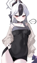 Rule 34 | ..., 1girl, absurdres, black dress, black hair, black horns, blue archive, blush, breasts, chinoryuu, closed mouth, cowboy shot, demon horns, demon wings, dress, grey hair, grey halo, grey jacket, hair between eyes, halo, highres, horns, jacket, kayoko (blue archive), kayoko (dress) (blue archive), long hair, multicolored hair, official alternate costume, open clothes, open jacket, purple wings, red eyes, simple background, small breasts, solo, spoken ellipsis, thigh gap, white background, wings
