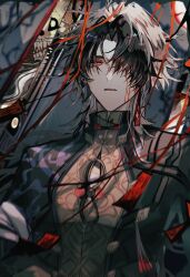 Rule 34 | 1boy, absurdres, black hair, blade (honkai: star rail), blood, blood on face, clothing cutout, highres, honkai: star rail, honkai (series), long hair, long sleeves, looking at viewer, male focus, mulihaohao, multicolored hair, red eyes, solo