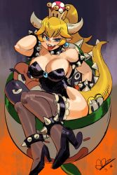 Rule 34 | 1girl, alex ahad, armlet, bare shoulders, black background, blonde hair, blue eyes, blue gemstone, borrowed design, bowsette, breasts, bullet bill, chain chomp, cleavage, collar, crown, frilled thighhighs, frills, full body, gem, goomba, half-closed eyes, high ponytail, highres, horns, koopa, koopa clown car, large breasts, legs together, leotard, long hair, looking at viewer, mario (series), mature female, new super mario bros. u deluxe, nintendo, open mouth, orange background, parted bangs, pointy ears, sharp teeth, sitting, smile, solo, spiked armlet, spiked collar, spikes, super crown, tail, teeth, thick eyebrows, thighhighs, tongue, tongue out, turtle shell, v-shaped eyebrows