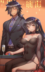 Rule 34 | &gt;:), 1boy, 1girl, asymmetrical clothes, bad id, bad pixiv id, bare shoulders, belt, belt buckle, black choker, black dress, black gloves, black hair, black jacket, black panties, black pants, black ribbon, blue neckwear, blush, breasts, buckle, champagne flute, chandelier, choker, cleavage, closed mouth, collarbone, collared shirt, commentary request, covered navel, crossed legs, cup, dice, dress, drinking glass, earrings, eyepatch, folks (nabokof), formal, gloves, gradient background, grey shirt, hand on own hip, jacket, jewelry, long hair, long sleeves, looking at viewer, medium breasts, necktie, official alternate costume, one eye covered, one side up, orange background, orange eyes, panties, pants, pelvic curtain, ribbon, rokurou rangetsu, shirt, side-tie panties, single glove, sitting, smile, sparkle, suit, table, tales of (series), tales of berseria, underwear, v-shaped eyebrows, velvet crowe, very long hair, yellow eyes