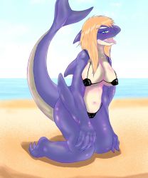 Rule 34 | 1girl, artist request, beach, bikini, blonde hair, breasts, female focus, full body, furry, furry female, gradient background, green eyes, highres, ocean, open mouth, outdoors, shark, sky, solo, swimsuit, tongue