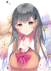 Rule 34 | 1girl, absurdres, alternate costume, aqua eyes, aqua hair, blush, bow, bowtie, brown vest, collared shirt, commentary request, flower, hair ornament, hairclip, highres, kantai collection, long hair, looking at viewer, red bow, red bowtie, school uniform, shanghmely, shirt, smile, solo, suzuya (kancolle), upper body, vest, white shirt