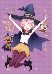 Rule 34 | 1girl, ^ ^, ankle boots, argyle, argyle clothes, argyle legwear, armpits, arms up, bare arms, bare shoulders, bear hair ornament, black cape, black footwear, black hat, blush, boots, bow, bowtie, candy, cape, character name, chiba sadoru, closed eyes, copyright name, dot nose, facing viewer, feet up, food, full body, gakkou gurashi!, hair intakes, hair ornament, hairclip, halloween costume, happy, hat, heart, heart background, high heel boots, high heels, highres, holding, holding lantern, jack-o&#039;-lantern, jumping, lantern, multicolored clothes, multicolored legwear, official art, open hands, open mouth, outstretched arms, pantyhose, parted bangs, pink hair, pumpkin pants, purple background, red bow, red bowtie, red pantyhose, short hair, sleeveless, solo, sparkle, star (symbol), star wand, striped clothes, striped pantyhose, stuffed animal, stuffed toy, teddy bear, teeth, twitter username, vertical-striped clothes, vertical-striped pantyhose, wand, winged footwear, witch hat, x hair ornament