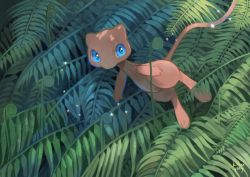 Rule 34 | blue eyes, commentary request, creature, creatures (company), game freak, gen 1 pokemon, highres, kikuyoshi (tracco), leaf, legendary pokemon, looking at viewer, looking to the side, mew (pokemon), mythical pokemon, nintendo, no humans, pokemon, pokemon (creature), solo, sparkle, toes