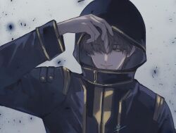 1boy black_cloak black_sclera blonde_hair cloak colored_sclera dark_persona earrings evil_smile highres jewelry male_focus official_alternate_costume orange_eyes parted_bangs sfnxzu short_hair smile solo stud_earrings twitter_username upper_body white_background wuthering_waves xiangli_yao