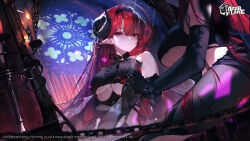 Rule 34 | 1girl, absurdres, azur lane, bare shoulders, black dress, black gloves, breasts, broken mirror, closed mouth, clothing cutout, covered navel, curled horns, demon girl, demon horns, dress, elbow gloves, expressionless, ggoc ill, gloves, highres, hindenburg (azur lane), horns, large breasts, long hair, looking at viewer, mirror, official art, pantyhose, pointy ears, red eyes, red hair, reflection, revealing clothes, side cutout, sitting, sleeveless, sleeveless dress, solo, underboob, underboob cutout, very long hair