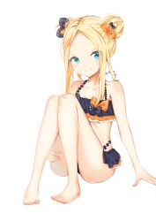 Rule 34 | 1girl, abigail williams (emerald float) (fate), abigail williams (fate), absurdres, bare arms, bare legs, bare shoulders, barefoot, bikini, black bikini, black bow, blonde hair, blue eyes, blush, bow, commentary request, emerald float, fate/grand order, fate (series), forehead, hair bow, highres, official alternate costume, orange bow, parted bangs, sidelocks, simple background, sitting, solo, swimsuit, toenails, white background, yukaa