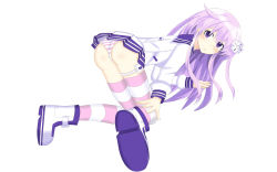 Rule 34 | 10s, 1girl, all fours, artist request, ass, blush, boots, breasts, cameltoe, d-pad, dress, embarrassed, from behind, hair ornament, hairclip, highres, long hair, looking at viewer, looking back, nepgear, neptune (series), panties, purple eyes, purple hair, school uniform, serafuku, shiny skin, simple background, smile, solo, striped clothes, striped panties, striped thighhighs, thigh strap, thighhighs, underwear