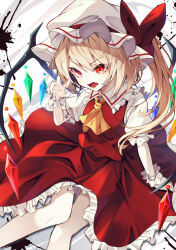Rule 34 | 1girl, arm at side, ascot, blonde hair, bow, claw pose, commentary, crystal, eyelashes, eyes visible through hair, fang, feet out of frame, fingernails, flandre scarlet, frilled shirt collar, frilled skirt, frilled sleeves, frills, from above, hair between eyes, hair bow, hand up, hat, highres, long hair, looking at viewer, mob cap, open mouth, puffy short sleeves, puffy sleeves, rainbow order, red bow, red eyes, red skirt, red vest, sharp fingernails, shirt, short sleeves, side ponytail, simple background, sitting, skin fang, skirt, solo, touhou, tsurime, vest, white background, white hat, white shirt, wings, yamanakaume, yellow ascot