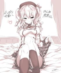 Rule 34 | 1girl, bed, breasts, buttons, clothes lift, cowboy shot, epaulettes, highres, jacket, kantai collection, kashima (kancolle), kneehighs, kugimiya atsuki, lifted by self, long sleeves, medium breasts, military jacket, miniskirt, monochrome, neckerchief, pillow, pleated skirt, sepia, sidelocks, sitting, skirt, skirt lift, socks, solo, translation request, tsurime, twintails, wavy hair, white jacket, window