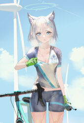 Rule 34 | animal ear fluff, animal ears, bicycle, bike jersey, bike shorts, blue archive, blue eyes, blue sky, bottle, breasts, clothes pull, cloud, collarbone, commentary, cowboy shot, cross hair ornament, da (datako), day, english commentary, gloves, green gloves, grey hair, hair ornament, halo, highres, looking at viewer, mismatched pupils, open mouth, outdoors, pulling own clothes, shiroko (blue archive), shiroko (cycling) (blue archive), shirt pull, short hair, short sleeves, sky, small breasts, steaming body, sunlight, sweat, thigh gap, water bottle, wind turbine, windmill, wolf ears