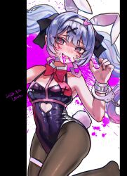 Rule 34 | 1girl, animal ears, black leotard, blue eyes, blue hair, blush, breasts, clothing cutout, cuffs, fake animal ears, fake tail, handcuffs, hatsune miku, heart, heart-shaped pupils, heart cutout, highres, leotard, long hair, looking at viewer, mare toe like a, open mouth, playboy bunny, rabbit ears, rabbit hole (vocaloid), rabbit tail, small breasts, smile, solo, symbol-shaped pupils, tail, thigh strap, twintails, vocaloid