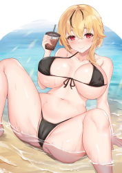 Rule 34 | 1girl, absurdres, arm support, ass, bare legs, beach, bikini, black bikini, black hair, blonde hair, blush, breasts, breasts apart, bubble tea, cameltoe, closed mouth, collarbone, covered erect nipples, crotch, cup, deogho (liujinzy9854), drinking straw, highres, holding, holding cup, korean commentary, large breasts, looking at viewer, m legs, medium hair, multicolored hair, navel, ocean, original, partially submerged, partially visible vulva, red eyes, short hair, smile, solo, spread legs, stomach, streaked hair, swimsuit, two-tone hair