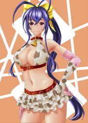 Rule 34 | 1girl, animal print, antenna hair, audere, bell, neck bell, blazblue, blazblue remix heart, blue hair, blush, bow, breasts, cleavage, cleavage cutout, clothing cutout, collar, cosplay, cow girl, cow print, cowbell, elbow gloves, female focus, frilled skirt, frills, genderswap, genderswap (mtf), gloves, hair bow, halterneck, halterneck, hand on own hip, highres, idolmaster, idolmaster cinderella girls, large breasts, long hair, looking at viewer, mai natsume, midriff, navel, oikawa shizuku, oikawa shizuku (cosplay), ponytail, red eyes, ribbon, skirt, smile, solo, yellow bow