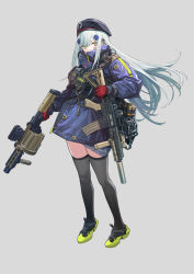 Rule 34 | 1girl, absurdres, assault rifle, bag, beret, black thighhighs, blue hair, blue jacket, cartridge, commentary, girls&#039; frontline, gloves, green eyes, gun, h&amp;k hk416, hat, headphones, highres, hk416 (girls&#039; frontline), holding, holding weapon, jacket, long hair, looking at viewer, red gloves, rifle, shoes, simple background, solo, symbol-only commentary, thighhighs, uniform, weapon, yitiao er-hua