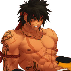 Rule 34 | 1boy, abs, arm tattoo, armband, bara, biceps, black hair, blush, fang, frown, headband, jewelry, male focus, manly, muscular, muscular male, necklace, nikism, nipples, one eye closed, original, pectorals, scar, scar on arm, scar on chest, scar on face, scar on stomach, solo, spiked hair, stomach tattoo, sweat, sweatdrop, tattoo, teeth, thick eyebrows, topless male, upper body