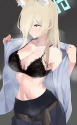 Rule 34 | 1girl, animal ear fluff, animal ears, black bra, black pantyhose, blonde hair, blue archive, blue shirt, blush, bra, breasts, chikoku, cleavage, collarbone, embroidered bra, hair over one eye, halo, highres, kanna (blue archive), large breasts, navel, one eye covered, open clothes, open skirt, pantyhose, shirt, simple background, skirt, solo, steaming body, stomach, underwear, undressing