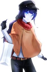 Rule 34 | 10s, 1girl, abyssal ship, alternate costume, alternate hairstyle, bad id, bad pixiv id, bag, black hair, blue eyes, blush, claws, commentary request, cowboy shot, hat, kantai collection, light cruiser oni, long hair, looking at viewer, pale skin, poncho, shopping bag, smile, solo, weasel (close-to-the-edge)