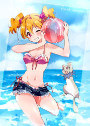 Rule 34 | 00s, 1girl, :3, animal, armpits, ball, barefoot, beachball, bikini, bikini under clothes, blonde hair, blush, breasts, cleavage, clenched teeth, cloud, day, denim, denim shorts, ferret, fresh precure!, frilled bikini, frills, front-tie bikini top, front-tie top, grin, groin, hair ribbon, holding, holding ball, jumping, leg lift, looking at viewer, mobuko (akita komachi), momozono love, motion blur, navel, ocean, one eye closed, open fly, open mouth, orange hair, pink bikini, pink eyes, precure, purple eyes, ribbon, scrunchie, short hair, short shorts, shorts, side-tie bikini bottom, sketch, sky, small breasts, smile, splashing, standing, standing on one leg, swimsuit, swimsuit under clothes, tart (fresh precure!), teeth, transparent, twintails, unzipped, wading, water, wavy hair, wet, wet hair, wide hips