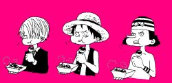 Rule 34 | 3boys, eating, food, formal, hair over one eye, hat, male focus, monkey d. luffy, monochrome, multiple boys, necktie, nozawa (ability), one piece, open clothes, open shirt, pink background, sabaody archipelago, sanji (one piece), scar, shirt, steam, straw hat, striped clothes, striped headwear, suit, takoyaki, topless male, usopp, vest, wristband