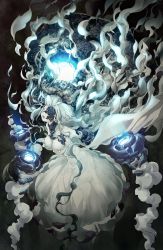 Rule 34 | 10s, 1girl, abyssal jellyfish princess, abyssal ship, aka ringo, breasts, cleavage, collar, commentary request, dark background, dress, floating, floating hair, glowing, grey eyes, hat, highres, kantai collection, large breasts, long hair, long sleeves, off shoulder, one eye covered, open mouth, outstretched arms, solo, spread arms, strapless, strapless dress, underwater, white hair, wide sleeves