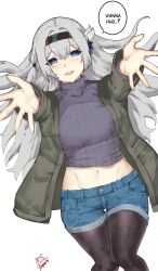 Rule 34 | 1girl, :d, absurdres, alternate costume, black hairband, black pantyhose, blush, commentary, denim, denim shorts, feet out of frame, firefly (honkai: star rail), grey hair, grey jacket, grey sweater, hairband, highres, honkai: star rail, honkai (series), jacket, kagurachi, long hair, long sleeves, looking at viewer, lying, midriff, navel, on back, open clothes, open jacket, open mouth, pantyhose, pantyhose under shorts, purple eyes, reaching, reaching towards viewer, ribbed sweater, short shorts, shorts, simple background, smile, solo, speech bubble, sweater, thighs, turtleneck, turtleneck sweater, very long hair, white background