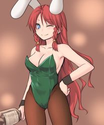 Rule 34 | 1girl, ;), alternate costume, animal ears, bare shoulders, blue eyes, bottle, braid, breasts, brown pantyhose, cleavage, closed mouth, cowboy shot, fishnet pantyhose, fishnets, green leotard, hand on own hip, highres, holding, holding bottle, hong meiling, leotard, long hair, looking at viewer, medium breasts, miyo (ranthath), one eye closed, pantyhose, playboy bunny, rabbit ears, rabbit girl, red hair, side braid, smile, solo, touhou, twin braids, very long hair
