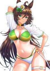 Rule 34 | 1girl, absurdres, adapted costume, ahoge, animal ears, aqua eyes, arm up, bikini, bow, breasts, brown hair, choker, cleavage, commentary request, cowboy shot, criss-cross halter, crop top, green bikini, green bow, hair ornament, hairclip, halterneck, hand on own hip, hat, hat bow, highres, horse ears, horse girl, horse tail, large breasts, midriff, mini hat, mini top hat, mr. c.b. (umamusume), navel, open clothes, open shirt, oryou gunsou, shirt, short sleeves, simple background, solo, standing, stomach, swimsuit, tail, thigh strap, thighs, top hat, umamusume, white background, white hat, white shirt, yellow choker
