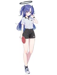 Rule 34 | 1girl, alternate costume, black collar, black shorts, black socks, blue archive, closed mouth, collar, cross-laced footwear, full body, halo, hand up, highres, holding, holding racket, holding tennis racket, long hair, looking at viewer, purple eyes, purple hair, racket, shirt, shoes, short sleeves, shorts, simple background, socks, solo, sportswear, tem (tempainting1), tennis uniform, two side up, white background, white footwear, white shirt, yuuka (blue archive)
