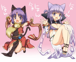 Rule 34 | 2girls, :d, animal, animal around neck, animal ears, argyle, argyle clothes, argyle dress, bangle, blunt bangs, blush, bracelet, braid, breasts, brown dress, brown footwear, cat ears, cat tail, cleavage, commentary request, detached sleeves, dress, fang, flat chest, fox, french braid, full body, fur collar, jewelry, jumping, kawagoe pochi, large breasts, light purple hair, long hair, looking at viewer, multiple girls, open mouth, pelvic curtain, pink background, professor (ragnarok online), purple eyes, purple hair, ragnarok online, red skirt, red sleeves, red vest, sandals, see-through, see-through dress, shoes, short hair, skin fang, skirt, sleeveless, sleeveless dress, smile, sorcerer (ragnarok online), striped sleeves, tail, translation request, vest, white dress, yellow sleeves