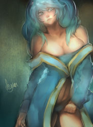 Rule 34 | 1girl, aqua hair, bare shoulders, blue eyes, blue panties, breasts, center opening, cleavage, contrapposto, detached sleeves, dress, highres, large breasts, league of legends, long hair, looking at viewer, md5 mismatch, navel, off-shoulder dress, off shoulder, panties, resized, resolution mismatch, seuyan, signature, solo, sona (league of legends), source smaller, standing, underwear, upscaled, very long hair