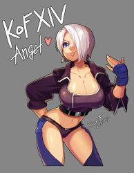 Rule 34 | 1girl, ahoge, angel (kof), arm behind back, belt, blue eyes, breasts, cleavage, commentary request, dated, female focus, fingerless gloves, gloves, hair over one eye, highres, large breasts, leaning forward, midriff, panties, puyon (pixiv), puyon (puyon), short hair, silver hair, snk, solo, the king of fighters, tongue, tongue out, underwear