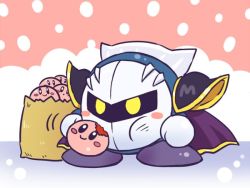 Rule 34 | armor, bag, blush stickers, cape, eating, full body, kirby, kirby (series), meta knight, nintendo, paper bag, pauldrons, pink background, pote (ptkan), purple cape, shoulder armor, solo, yellow eyes