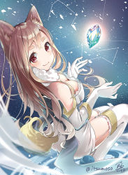 Rule 34 | 1girl, animal ears, bare shoulders, blurry, blush, breasts, cleavage, closed mouth, constellation, crystal, depth of field, detached sleeves, dog ears, dog girl, dog tail, fang, fang out, fur collar, garter straps, gloves, large breasts, long hair, looking at viewer, looking back, original, rougetsu, signature, sky, solo, star (sky), starry sky, tail, thick eyebrows, thighhighs, twitter username, white gloves, white thighhighs