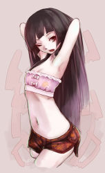 Rule 34 | 1girl, adapted costume, armpits, arms behind head, arms up, bandeau, black hair, breasts, brown eyes, cowboy shot, floral print, highres, hime cut, hoshibuchi, houraisan kaguya, long hair, looking at viewer, midriff, miniskirt, navel, one eye closed, open mouth, side slit, skirt, small breasts, solo, strapless, thighs, touhou, tube top, very long hair
