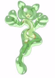Rule 34 | 1girl, :o, breasts, bubble, clenched hand, colored skin, creatures (company), full body, game freak, gen 5 pokemon, green hair, green skin, highres, leg up, looking at viewer, monster girl, nintendo, open mouth, personification, pokemon, red eyes, reuniclus, short hair, shoukin500, small breasts, solo, teeth, upper teeth only, white background