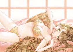 Rule 34 | 1girl, artist name, bed sheet, bra, breasts, brown hair, commentary, floral print, green eyes, lace, lace-trimmed panties, lace trim, lingerie, long hair, looking at viewer, lying, marker (medium), medium breasts, navel, on back, on bed, original, osumi izumi, panties, parted lips, print bra, print panties, shawl, signature, solo, strap slip, traditional media, underwear, underwear only, yellow bra, yellow panties