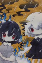 2girls, bandage, bandaged arm, bandages, black dress, black hair, blue fire, dated, dress, expressionless, fire, grey dress, hair over one eye, highres, looking at viewer, medium hair, multiple girls, no nose, original, rain, red eyes, short sleeves, signature, thumbs up, white hair, zukky000