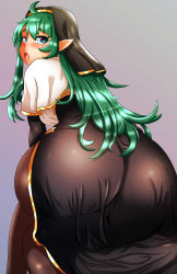 Rule 34 | 1girl, absurdres, asami (houtengeki), ass, blue eyes, blush, borrowed character, breasts, capelet, dress, from behind, highres, huge ass, long hair, looking at viewer, looking back, open mouth, original, pantyhose, pointy ears, puredarkness500, shiny clothes, sideboob, solo, very long hair