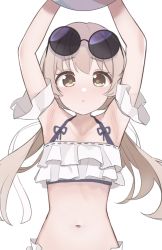 Rule 34 | 1girl, armpits, arms up, bad id, bad twitter id, ball, beachball, bikini, black-framed eyewear, blue archive, blush, brown eyes, brown hair, collarbone, commentary request, eyewear on head, frilled bikini, frills, hifumi (blue archive), hifumi (swimsuit) (blue archive), highres, long hair, looking at viewer, low twintails, navel, official alternate costume, parted lips, round teeth, shiwa (siwaa0419), simple background, solo, sunglasses, swimsuit, teeth, twintails, upper body, very long hair, white background, white bikini