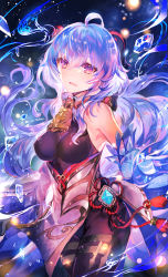 Rule 34 | 1girl, absurdres, ahoge, bare shoulders, bell, black gloves, blue hair, blush, bodystocking, breasts, brown pantyhose, detached sleeves, dress, elbow gloves, ganyu (genshin impact), genshin impact, gloves, highres, horns, ice, jewelry, large breasts, long hair, looking at viewer, open mouth, pantyhose, pendant, purple eyes, rioka (southern blue sky), solo, thighs, vision (genshin impact), white dress
