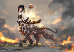 Rule 34 | 1girl, absurdres, black hair, centauroid, commentary request, dress, fire, food, frilled dress, frills, full body, highres, len brew, looking at viewer, meat, mecha, nagai gojitsudan no nechronica, original, panties, red eyes, robot, smoke, solo, tabletop rpg, taur, thought bubble, underwear