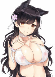 Rule 34 | 1girl, animal ear fluff, animal ears, atago (azur lane), atago (summer march) (azur lane), azur lane, bikini, black hair, blush, breasts, brown eyes, cleavage, closed mouth, commentary request, covered erect nipples, flower, hair flower, hair ornament, hair ribbon, halterneck, hands on own chest, highres, large breasts, long hair, looking at viewer, mizunashi kenichi, mole, mole under eye, navel, nipples, ribbon, see-through, simple background, smile, solo, swimsuit, upper body, very long hair, white background, white bikini, white neckwear, white ribbon, wristband