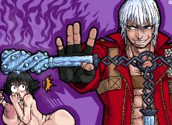 Rule 34 | 00s, 1boy, 1girl, black hair, blue eyes, breasts, capcom, cerberus (weapon), dante (devil may cry), devil may cry (series), heterochromia, huge breasts, lady (devil may cry), looking back, nude, nunchaku, rape face, weapon, white hair, you gonna get raped
