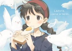 Rule 34 | . ., 1girl, absurdres, bad id, bad pixiv id, beak, bird, blue dress, blue sky, blush, braid, bread slice, brown eyes, brown hair, cloud, commentary request, copyright name, day, dove, dress, eating, egg (food), feathers, food, fried egg, fried egg on toast, hair tie, hairband, highres, holding, holding food, jewelry, long hair, pendant, red hairband, sheeta, sky, solo, sunny side up egg, tareme, tenkuu no shiro laputa, toast, twin braids, upper body, yuno (suke yuno)